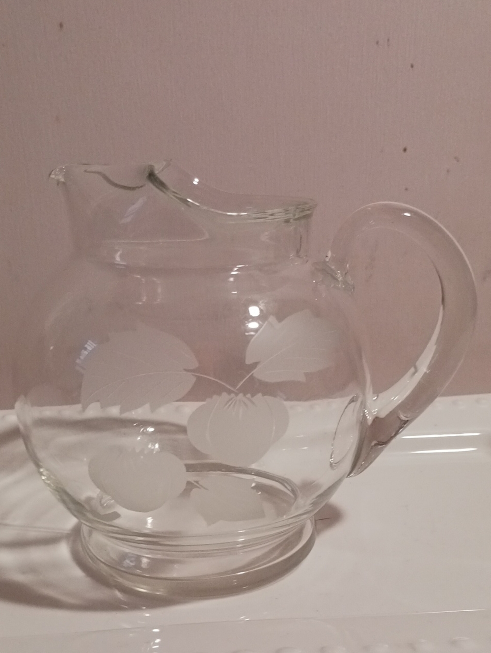 Elegant!⚜️ Etched Glass Mini Pitcher with Fruit & Leaf Motif